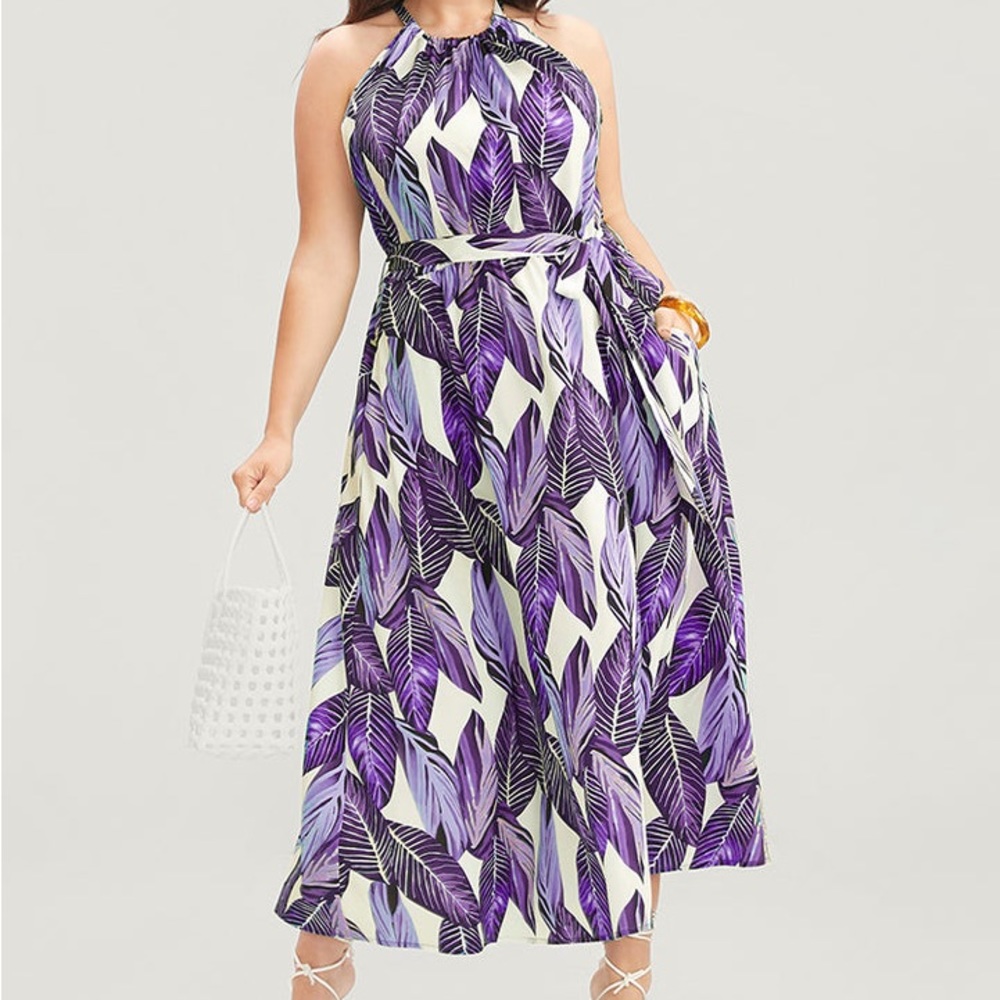 BloomChic Purple/White Tropical Print Halter Maxi Dress, Size 18-20
